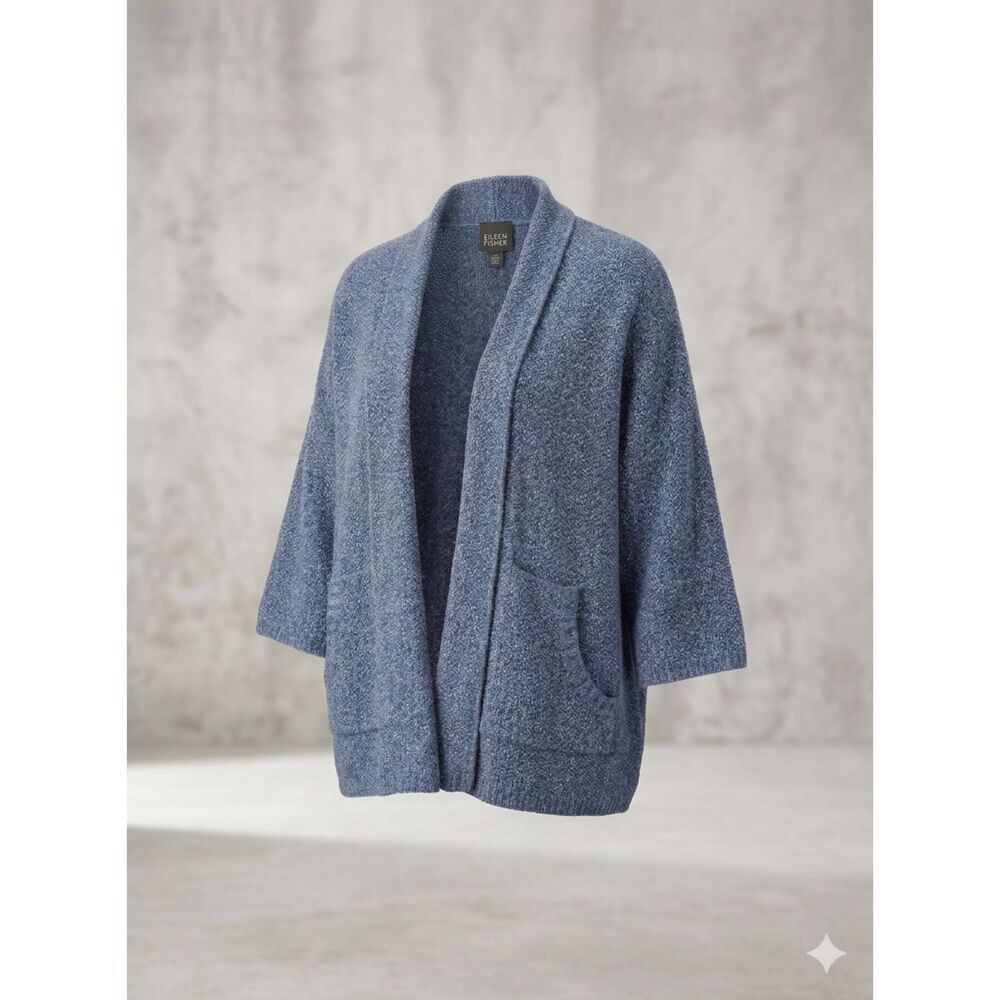 Eileen Fisher Italian Wool Silk Nubby Knit Kimono Cardigan Sz M Textured Blue
